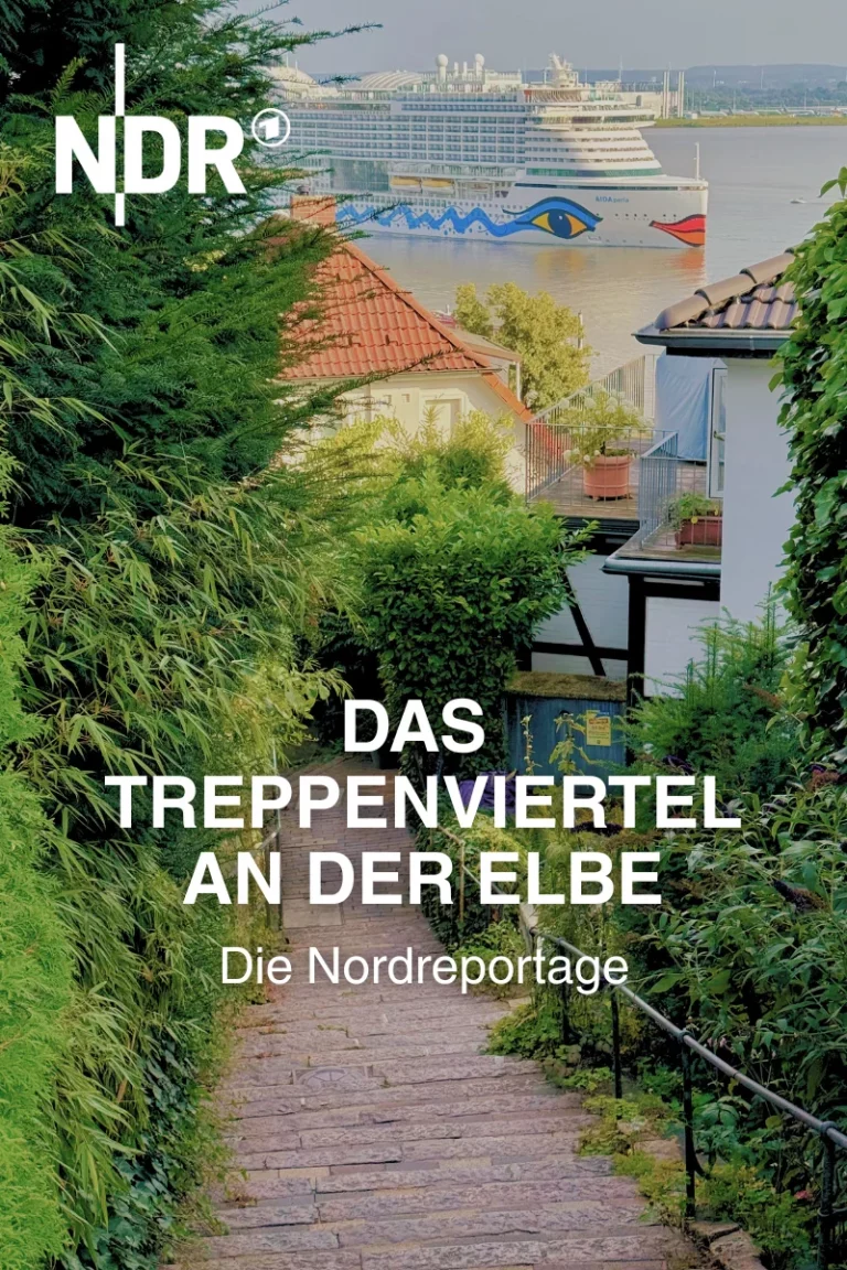 Ein schmaler Treppenweg führt zwischen grünen Büschen und kleinen Häusern hinab zur Elbe. Im Hintergrund ist ein großes Kreuzfahrtschiff der AIDA-Flotte zu sehen. Oben links steht das weiße NDR-Logo. In der Mitte des Bildes steht in weißen Buchstaben der Titel „Das Treppenviertel an der Elbe“, darunter der Untertitel „Die Nordreportage“.