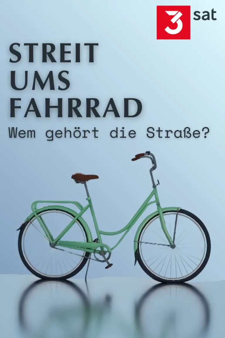Ein hellgrünes Fahrrad steht auf glänzendem Boden vor einem hellblauen Hintergrund. Oben links ist das rote 3sat-Logo zu sehen. Daneben und darunter steht in schwarzen Buchstaben der Titel „Streit ums Fahrrad“ und die Frage „Wem gehört die Straße?“.