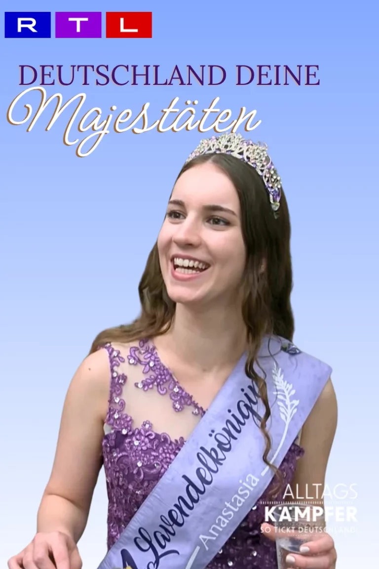 Auf dem Foto ist eine junge Frau mit braunen Haaren zu sehen. Sie trägt ein violettes Ballkleid und ein Diadem, welches mit violetten Steinen besetzt ist. Passend dazu trägt sie eine hellere Scherpe auf der steht: Lavendelkönigin Anastasia. Der Titel der Produktion lautet: "Deutschland deine Majestäten"