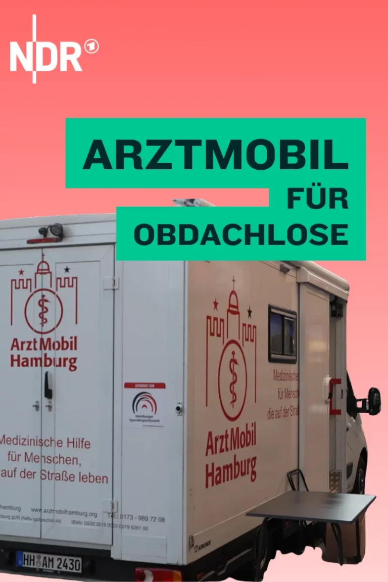 Man sieht einen umgebauten Lieferwagen mit der Folienbeschriftung ArztMobil Hamburg. Daneben "Arztmobil für Obdachlose" als Titel in dunkler Schrift auf grünem Gund